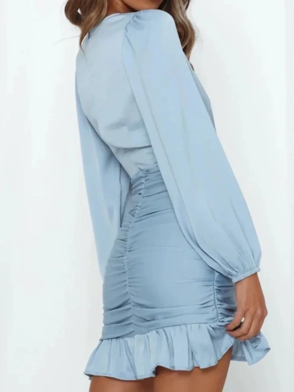 Hello Molly Love Drug Dress Blue Ruched Ruffle Hem Long Sleeve V-Neck Size XS